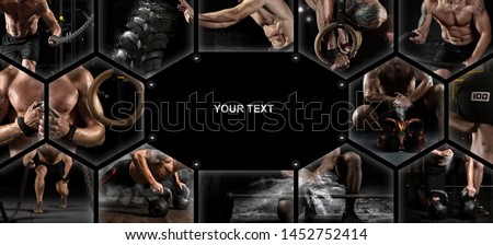 Sport collage. Muscular male athlete. Man exercising at the gym. Concept of fitness, motion, sport, bodybuilding