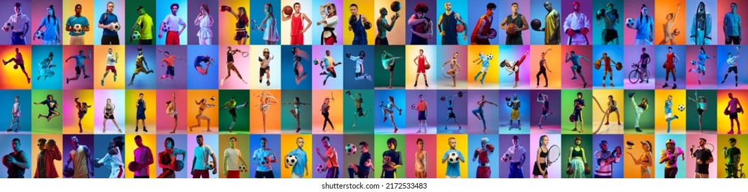 Sport collage professional athletes gradient multicolored neoned background  Concept motion  action  active lifestyle  achievements  challenges  Football  soccer  basketball  tennis  boxing 