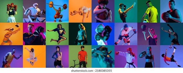 Sport collage of professional athletes on gradient multicolored neoned background. Concept of motion, action, active lifestyle, achievements, challenges. Football, soccer, basketball, tennis, boxing.