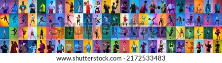Sport collage of professional athletes on gradient multicolored neoned background. Concept of motion, action, active lifestyle, achievements, challenges. Football, soccer, basketball, tennis, boxing. Foto d'archivio © 