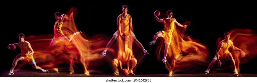 Sport collage of professional basketball player training isolated over black background. Flyer. Mixed light effect. Winning motivation. Concept of sport, action, healthy lifestyle. Copy space for ad.