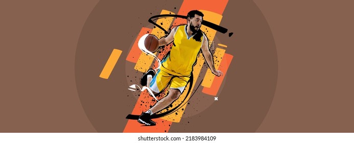 Sport Collage With Professional Basketball Player In Action, Motion With Ball Isolated On Retro Colors Geometric Background. Concept Of Team Sport, Competition, Motion, Leader, Ad, Show. Vintage Style