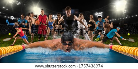 Sport collage. Swimming, running, fitness, bodybuilding, tennis, fighter and basketball players. Mixed image. 