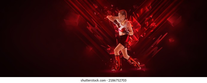 Sport Collage With Teen-girl, MMA Fighter In Action, Motion Isolated On Dark Background With Neoned Abstract Elements. Concept Of Sport, Competition, Action, Achievements. Banner, Flyer