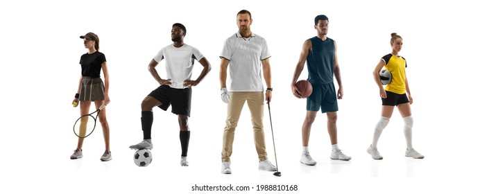 Sport collage. Tennis, basketball, soccer football, golf, volleyball players posing isolated on white studio background. Fit african and caucasian woman and man standing as team. Advertising concept - Powered by Shutterstock