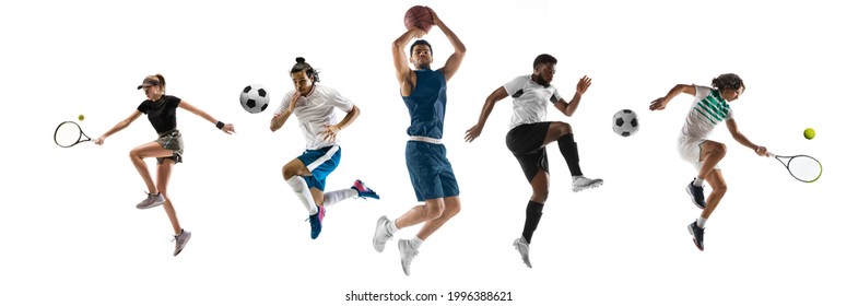 Sport Collage. Tennis, Basketball, Soccer Football Players In Motion Isolated On White Studio Background. Fit African,caucasian People Jumping With Ball. Flyer For Ad.