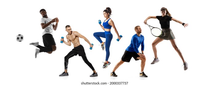 Sport collage. Tennis, fitness, soccer football players in motion isolated on white studio background. Fit african american and caucasian people standing as team. Concept of healthy lifestyle - Powered by Shutterstock