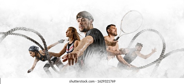 Sport Collage. Tennis Player, Woman And Man Working Out With Battle Ropes. Sports Banner. Horizontal Copy Space White Smoke Background