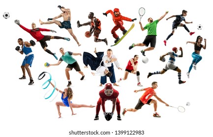 Sport collage. Tennis, running, badminton, soccer and american football, basketball, handball, volleyball, boxing, MMA fighter and rugby players. Fit women and men isolated on white background - Powered by Shutterstock