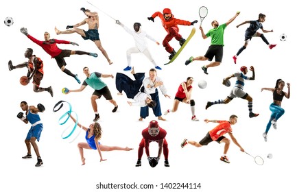 Sport collage. Tennis, running, badminton, soccer and american football, basketball, handball, volleyball, boxing, MMA fighter and rugby players. Fit women and men standing isolated on white - Powered by Shutterstock