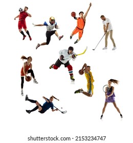 Sport collage. Tennis, running, badminton, soccer and american football, basketball, handball, volleyball, golf, hockey players. Fit women and men isolated on white background - Powered by Shutterstock