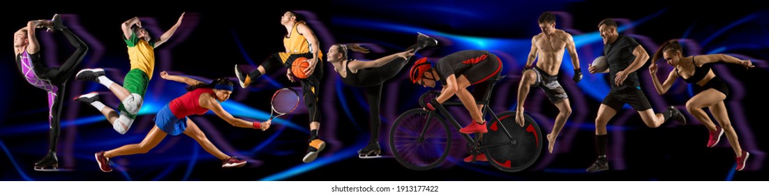 Sport Collage. Tennis, Running, Basketball, Volleyball And Boxing Players. Fit Woman And Men Standing On Black Background