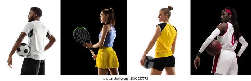 Sport collage. Tennis, soccer football, volleyball, basketball players posing isolated on white and black studio background. Fit african american and caucasian people standing as team. Back view - Powered by Shutterstock