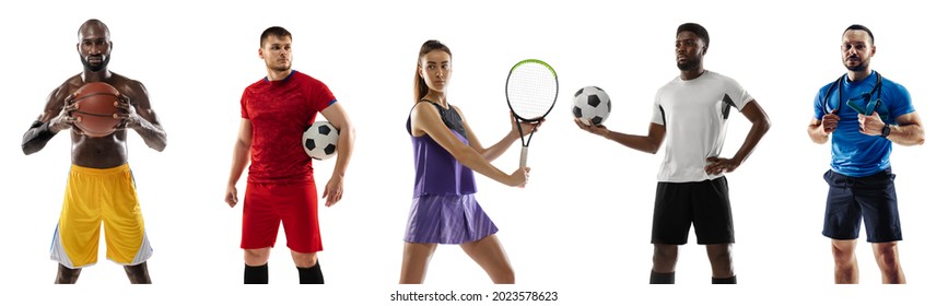 Sport collage. Tennis, soccer football, basketball, fitness players posing isolated on white studio background. Fit african and caucasian men and women as team. - Powered by Shutterstock