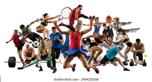 Sport collage. Tennis, soccer, taekwondo, bodybuilding, orienteering, fitness and basketball players. Fit women and men standing on white background - Image