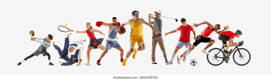 Sport collage. Various sports from soccer to fencing, capturing intense motion and diversity of athletics against white background. Concept of healthy lifestyle, professional sport, team, fitness. Ad - Powered by Shutterstock