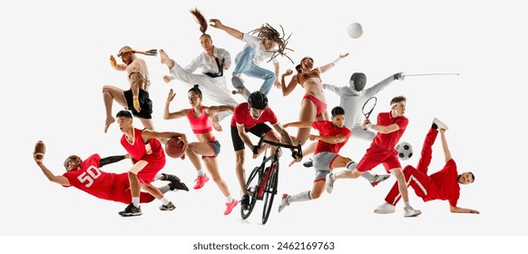 Sport collage. Young people, athletes in mid-action across multiple sports, emphasizing movement and skill against white background. Concept of healthy lifestyle, professional sport, team, fitness. Ad - Powered by Shutterstock