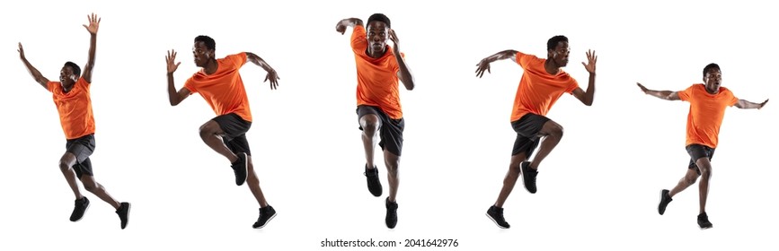 Sport collage. Young professional male runner in motion isolated over white background. Flyer. Speed. Concept of sport, action, healthy lifestyle. Copy space for ad.