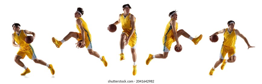 Sport collage. Young professional male basketball player in motion isolated over white background. Flyer. Motivation. Concept of sport, action, healthy lifestyle. Copy space for ad.