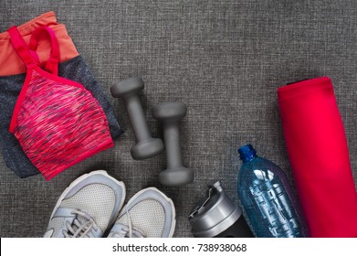 Sport Concept - Background, Flatlay Of Sport, Gym Equipment, Woman Workout. Text Space