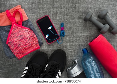 Sport Concept - Background, Flatlay Of Sport, Gym Equipment, Woman Workout. Text Space