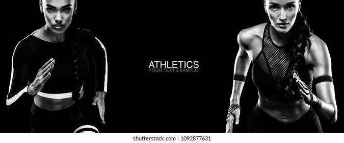 Sport concept. Black and white photo. A strong athletic, women sprinter, running isolated on black, wearing in the sportswear, fitness and sport motivation. Runner concept.