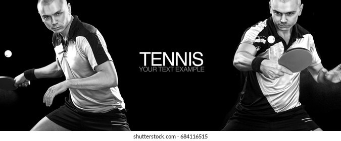 Sport concept. Sportsmen,, playing table tennis isolated on black background with copy space. Sport concept.