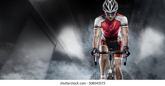 Sport. Cyclist has a traning in the wind tunnel