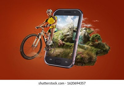 Sport. Cyclist riding a bike on an open green road on the sunset through the smartphone. 3d rendered babyroad with magic landscape. - Powered by Shutterstock