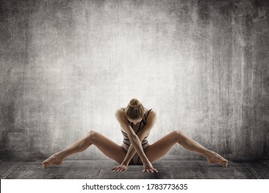 Sport Dance, Gymnast Girl in Leotard Stretching Legs Position, Woman Making Gymnastics Exercise