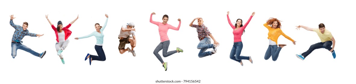 sport, dancing and people concept - group of people or teenagers jumping