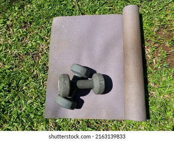 Sport Dumbbells On Purple Exercise Mat On Grass. View From Above.