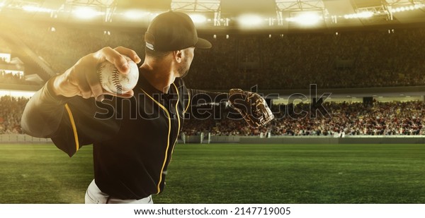 Sport\
event. Professional baseball player taking a shot during match in\
crowed sport stadium at evening time. Sport, win, winner,\
competition concepts. Collage, poster, flyer for\
ad