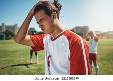 Sport Fail, Soccer Team Loss And Athlete Angry About Sports Game Results On A Outdoor Field. Football, Soccer Player And Teamwork Upset After Exercise, Workout And Training For Fitness And Cardio