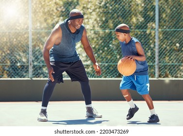 Sport, Family And Learning Basketball With A Dad And Son Training On A Court Outside For Leisure Fitness And Fun. Black Man And Kid Doing Exercise And Workout Playing A Game For Health And Training