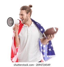 Sport Fan With USA Flag, Ball And Megaphone On White Background