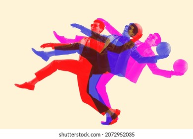 Sport and fashion. High-fashion style man playing basketball with glitch duotone effect. Young sporty model at studio and double colorful shadows. Contemporary artwork. Concept of art, ad, sales