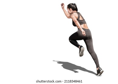 Sport Female Athlete Running With High Power Muscle Strength Isolated On White Background