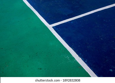 Sport Field With Color Blocks And White Line Marks, Perspective View Photo. Tennis Court Cover In Green And Blue Colors. Business Competition Concept. Sport Game Playground With Markup