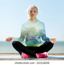 Sport, Fitness, Yoga, Double Exposure And People Concept - Happy Young Woman Meditating In Lotus Pose Over Blue Sky With Sea And Tree Background