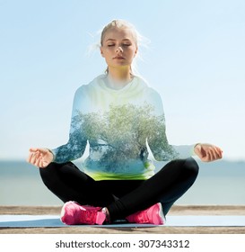 Sport, Fitness, Yoga, Double Exposure And People Concept - Happy Young Woman Meditating In Lotus Pose Over Blue Sky With Sea And Tree Background