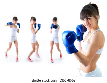 Sport Girl In Boxing Gloves With Training Fitness Women In Background, Over White Background