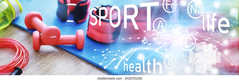 Sport And Healthy Lifestyle. Accessories For Sports. Yoga Mat Dumbbell And Jump Rope. Sports Background With Home Exercises Concept.