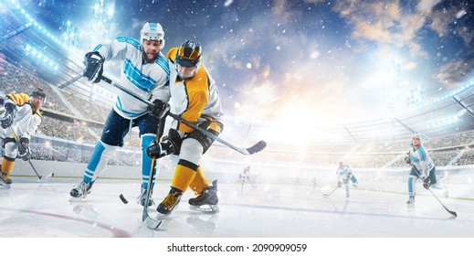 Sport. Hockey Game In An Open Stadium. Two Professional Hockey Player In Action. Fight For The Puck. Sports Emotions. Ad