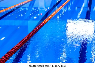 Sport Indoor Complex Facility. Empty Olympic Swimming Pool Starting Block No.1 Without People. Water Sports. Lap Pool With Marked Lanes. Olympic Games Concept.