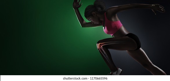 Sport. Isolated Athlete runner with x-ray knee. Silhouette. Start