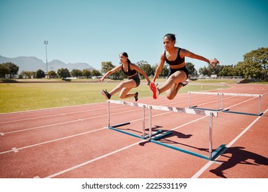 Sport, jump and women runner doing hurdles on stadium track, athlete running race and fitness training outdoor. Practice, workout and sports, speed and agility for exercise and cardio motivation. - Shutterstock ID 2225331199