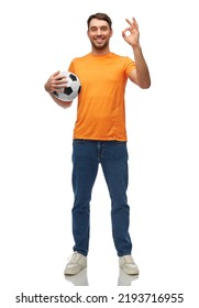 sport, leisure games and people concept - happy smiling man or football fan with soccer ball showing ok hand sign over white background - Shutterstock ID 2193716955