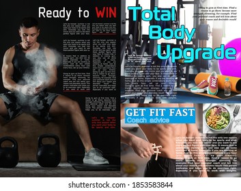 Sport Magazine Page Spread Design. Articles And Different Images