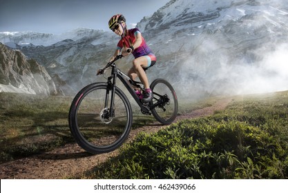 Sport. Mountain Bike Cyclist Riding Single Track.